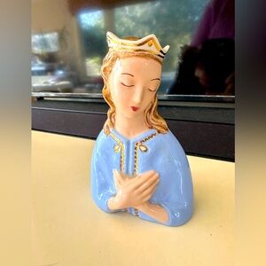 Vintage Hand Painted MCM Mary Madonna Ceramic Figure Blue Gold Religious 1950s